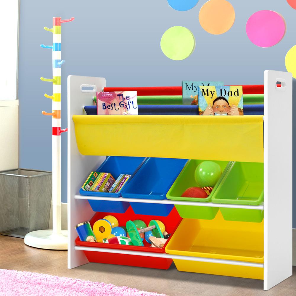 Keezi Kids Bookcase featuring three shelves and six colorful removable storage boxes, designed for children's books and toy organization.